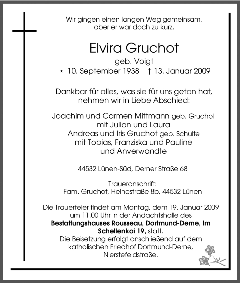 Traueranzeige für Elvira Gruchot vom 16.01.2009 aus Tageszeitung