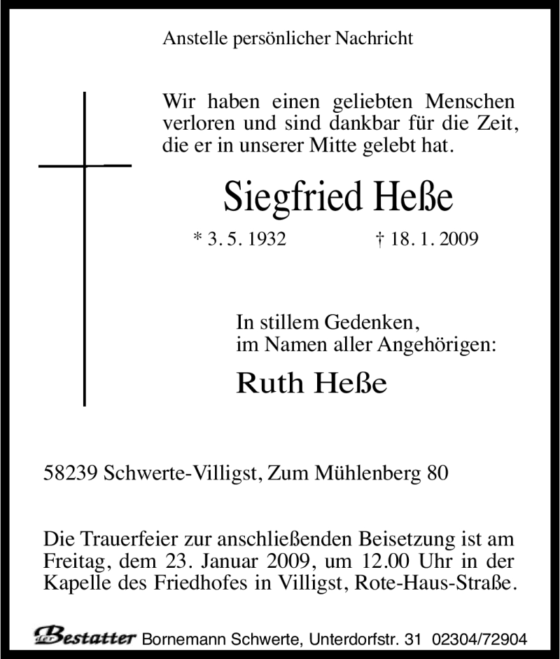 Traueranzeigen von Siegfried Heße TrauerinNRW.de