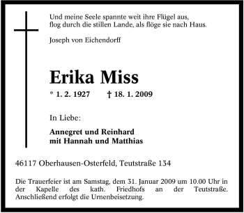 Traueranzeige von Erika Miss von Tageszeitung