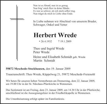 Traueranzeige von Herbert Wrede von Tageszeitung