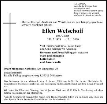 Traueranzeige von Ellen Welschoff von Tageszeitung
