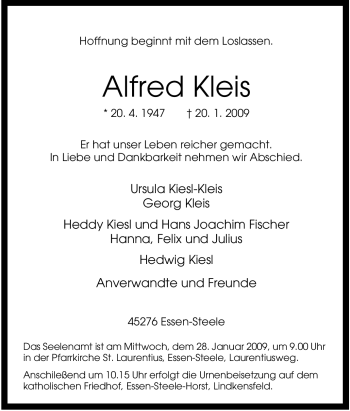 Traueranzeige von Alfred Kleis von Tageszeitung