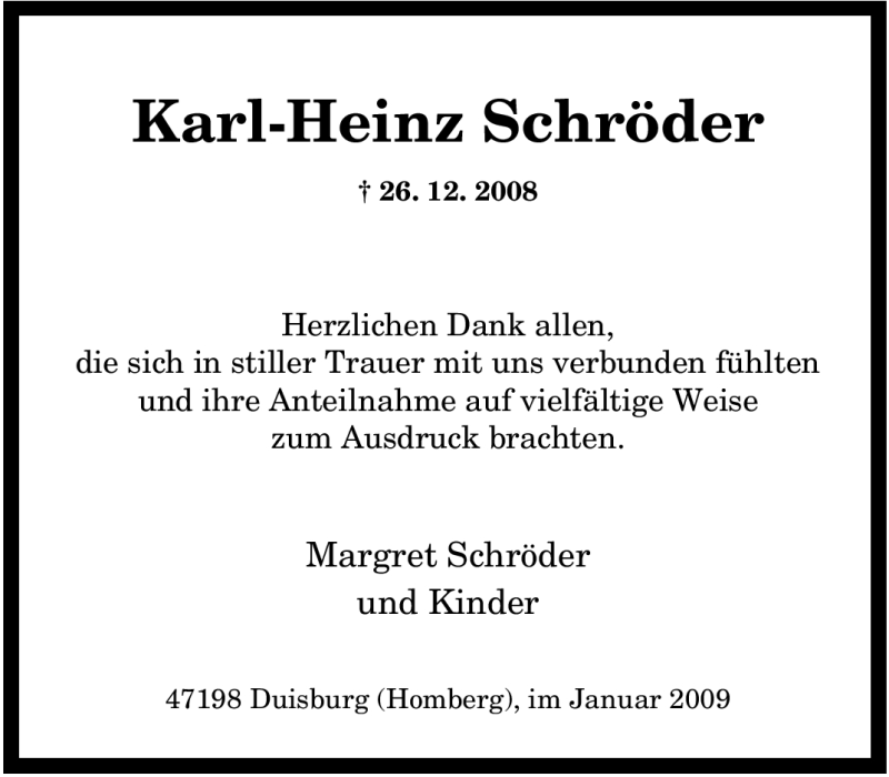  Traueranzeige für Karl-Heinz Schröder vom 28.01.2009 aus Tageszeitung