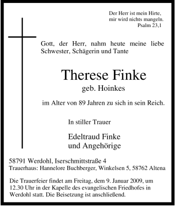 Traueranzeige von Therese Finke von Tageszeitung