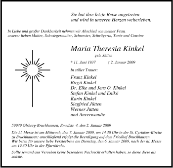 Traueranzeige von Maria Theresia Kinkel von Tageszeitung