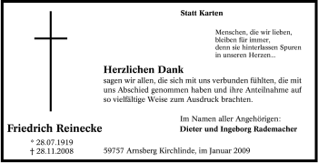 Traueranzeige von Friedrich Reinecke von Tageszeitung
