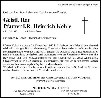 Traueranzeige von Heinrich Kohle von Tageszeitung