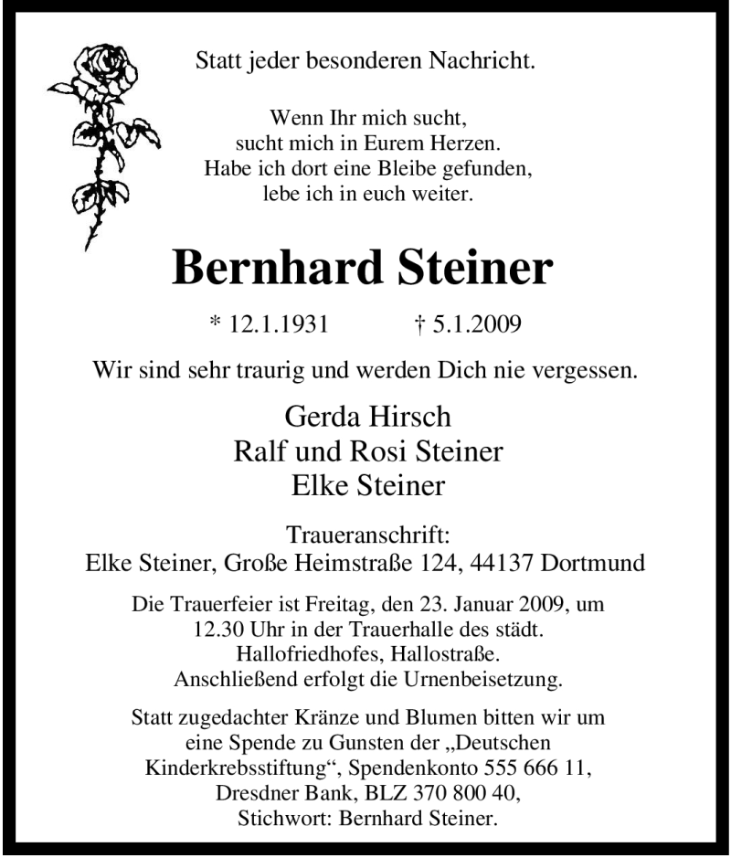  Traueranzeige für Bernhard Steiner vom 20.01.2009 aus Tageszeitung