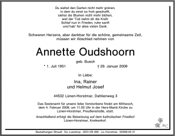Traueranzeige von Annette Oudshoorn von Tageszeitung