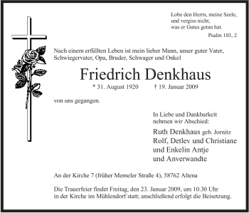 Traueranzeige von Friedrich Denkhaus von Tageszeitung