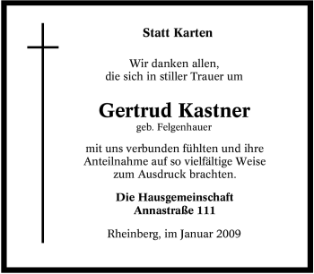 Traueranzeige von Gertrud Kastner von Tageszeitung