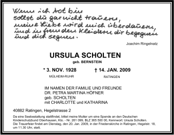 Traueranzeige von Ursula Scholten von Tageszeitung