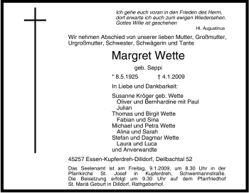 Traueranzeige von Margret Wette von Tageszeitung
