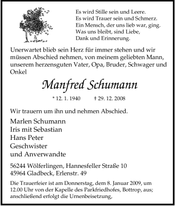 Traueranzeigen von Manfred Schumann TrauerinNRW.de