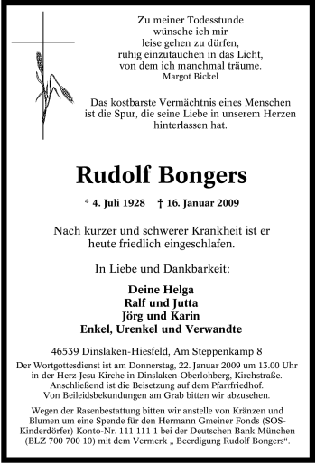 Traueranzeige von Rudolf Bongers von Tageszeitung