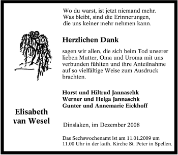 Traueranzeige von Elisabeth van Wesel von Tageszeitung