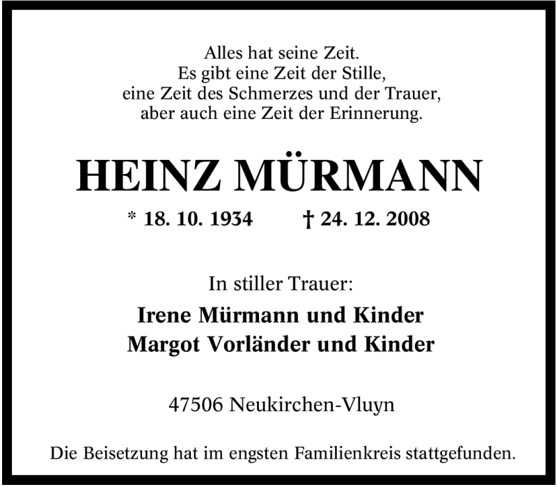  Traueranzeige für Heinz Mürmann vom 17.01.2009 aus Tageszeitung