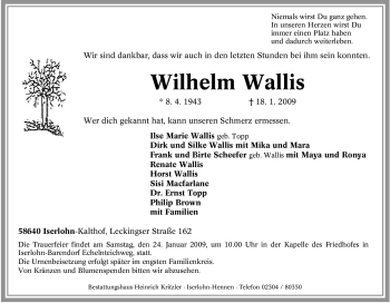 Traueranzeige von Wilhelm Wallis von Tageszeitung