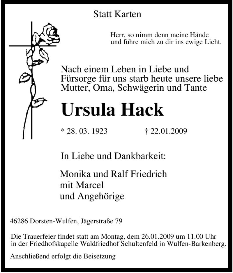  Traueranzeige für Ursula Hack vom 24.01.2009 aus Tageszeitung