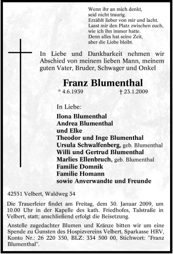 Traueranzeige von Franz Blumenthal von Tageszeitung