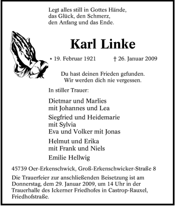 Traueranzeige von Karl Linke von Tageszeitung