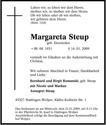 Traueranzeige von Margareta Steup von Tageszeitung