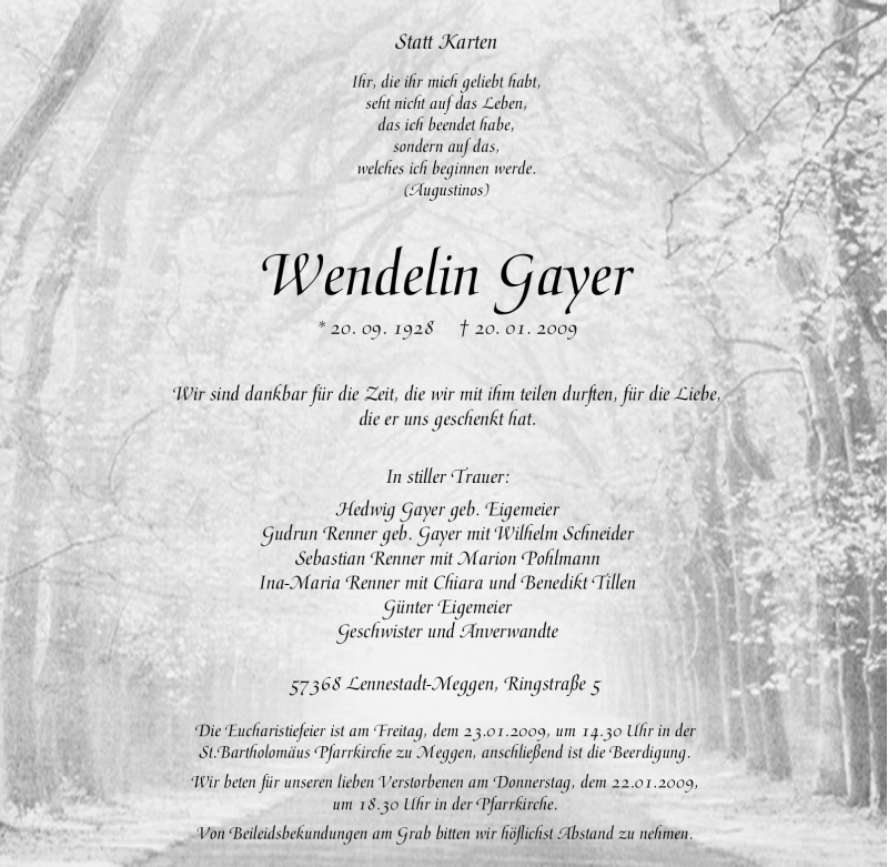  Traueranzeige für Wendelin Gayer vom 21.01.2009 aus Tageszeitung