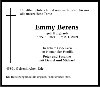 Traueranzeige von Emmy Berens von Tageszeitung