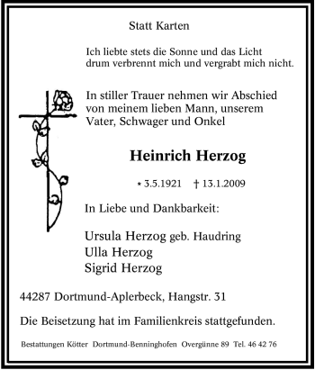 Traueranzeige von Heinrich Herzog von Tageszeitung