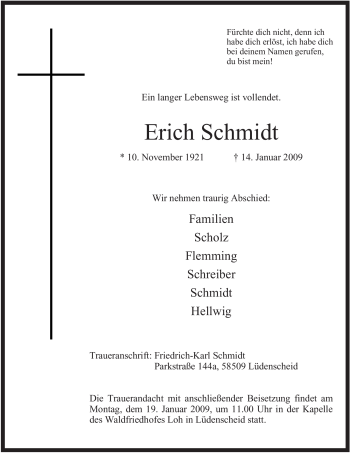 Traueranzeige von Erich Schmidt von Tageszeitung