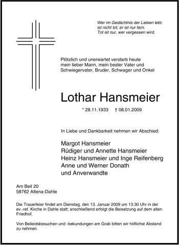 Traueranzeige von Lothar Hansmeier von Tageszeitung