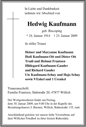 Traueranzeige von Hedwig Kaufmann von Tageszeitung