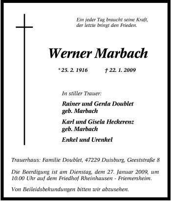 Traueranzeige von Werner Marbach von Tageszeitung