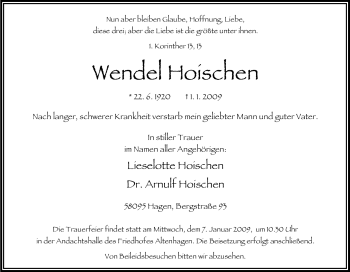 Traueranzeige von Wendel Hoischen von Tageszeitung