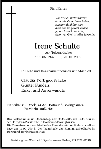 Traueranzeige von Irene Schulte von Tageszeitung
