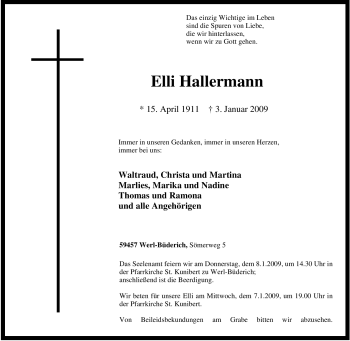 Traueranzeige von Elli Hallermann von Tageszeitung