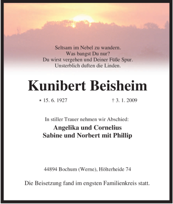 Traueranzeige von Kunibert Beisheim von Tageszeitung