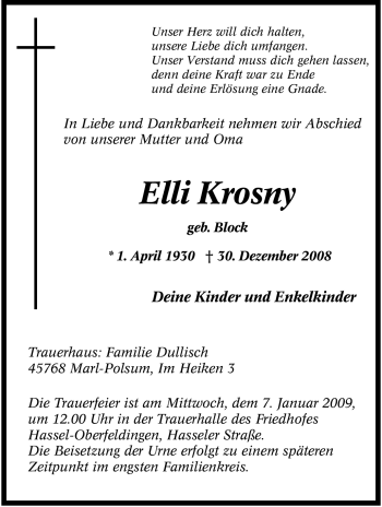 Traueranzeige von Elli Krosny von Tageszeitung