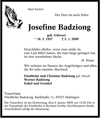 Traueranzeige von Josefine Badziong von Tageszeitung