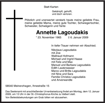 Traueranzeige von Annette Lagoudakis von Tageszeitung