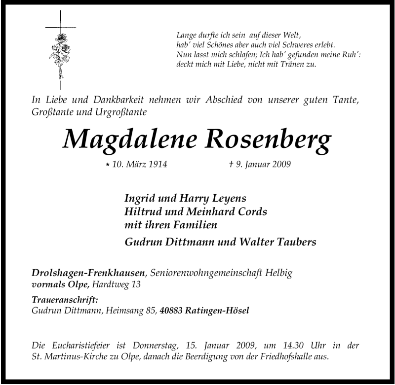  Traueranzeige für Magdalene Rosenberg vom 12.01.2009 aus Tageszeitung