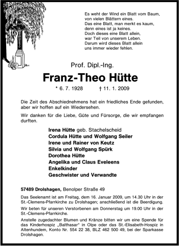 Traueranzeige von Franz-Theo Hütte von Tageszeitung