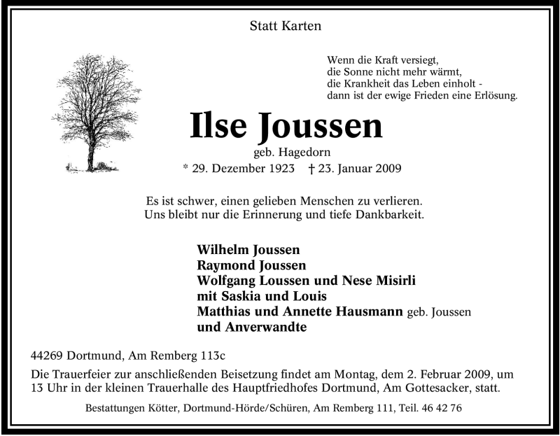  Traueranzeige für Ilse Joussen vom 30.01.2009 aus Tageszeitung
