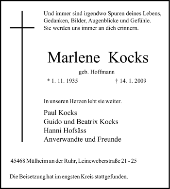 Traueranzeige von Marlene Kocks von Tageszeitung