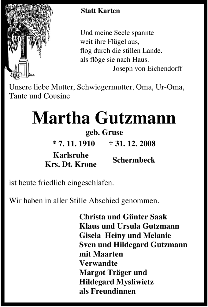  Traueranzeige für Martha Gutzmann vom 08.01.2009 aus Tageszeitung