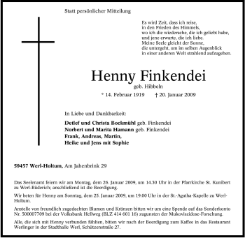 Traueranzeige von Henny Finkendei von Tageszeitung