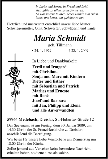 Traueranzeige von Maria Schmidt von Tageszeitung