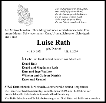 Traueranzeige von Luise Rath von Tageszeitung