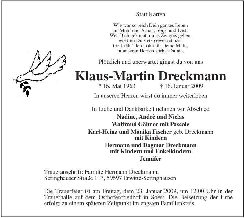  Traueranzeige für Klaus-Martin Dreckmann vom 20.01.2009 aus Tageszeitung