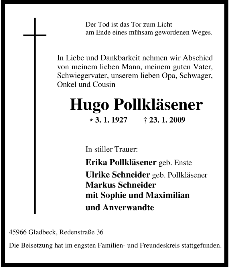  Traueranzeige für Hugo Pollkläsener vom 30.01.2009 aus Tageszeitung